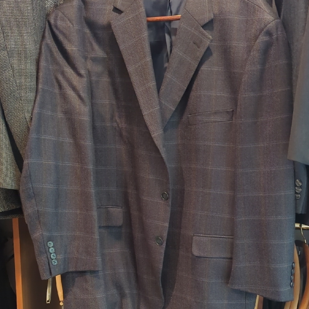 Men's Classic Grey Windowpane Blazer Eith Blue Stripe. 52R